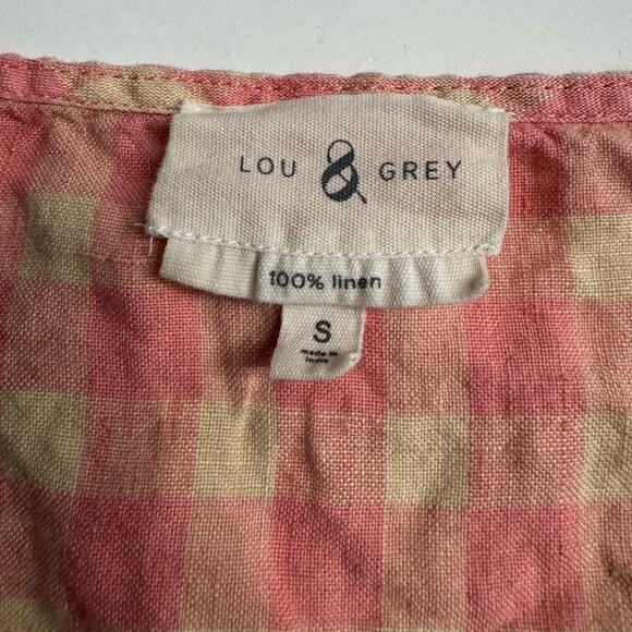 Lou & Grey Pink Cream Plaid 100% Linen Blouse Crop Top Size S - Picture 3 of 5